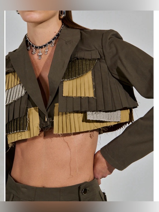 AKIRA Jackets & Blazers - AKIRA Let Me Down Slowly Olive & Khaki Cropped Fringe Pleated Blazer